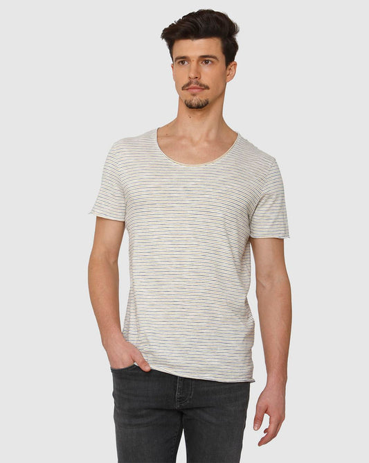 White Striped Raw Edge Crew Neck T-Shirt
