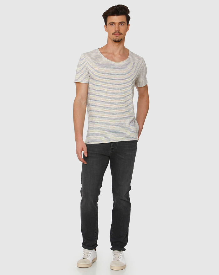 White Striped Raw Edge Crew Neck T-Shirt