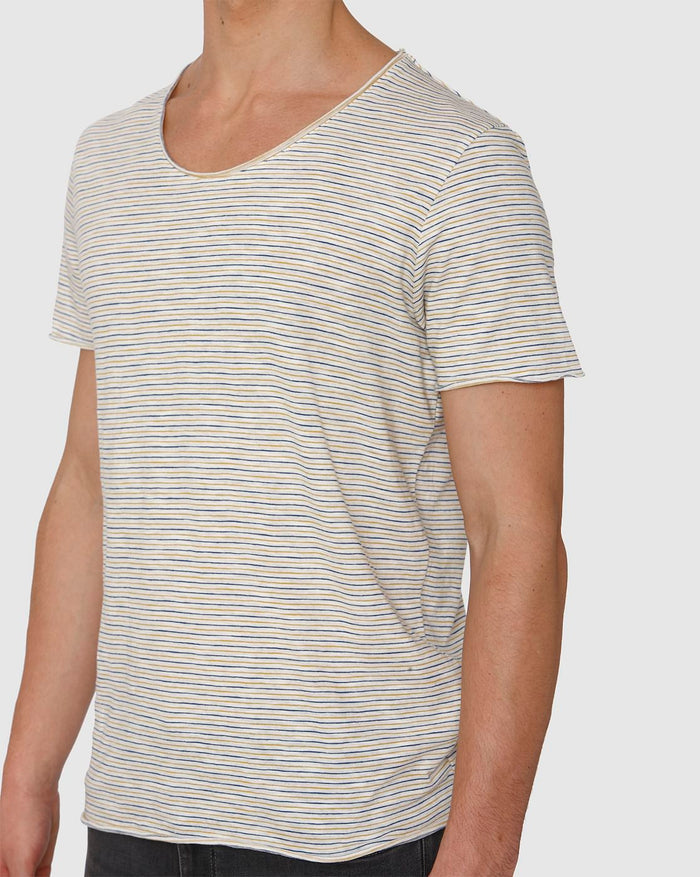 White Striped Raw Edge Crew Neck T-Shirt