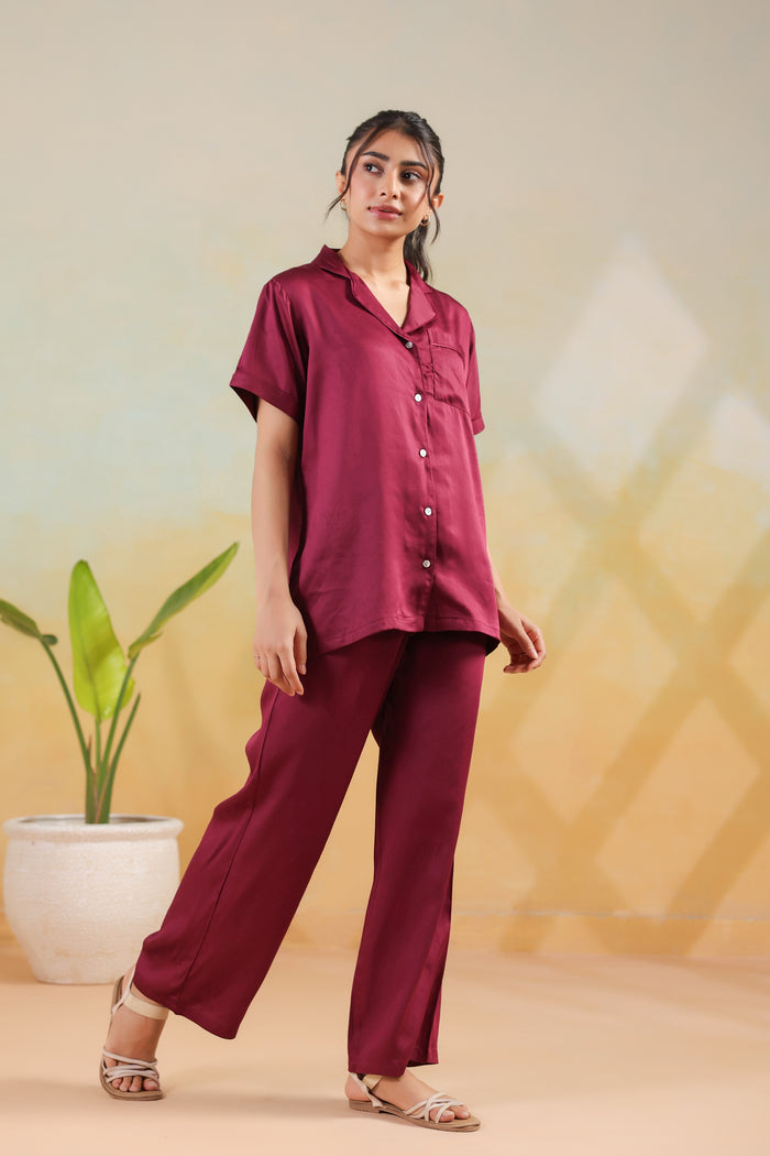Wine Solid Shirt Comfort Cotton Nightwear Night Suit Set