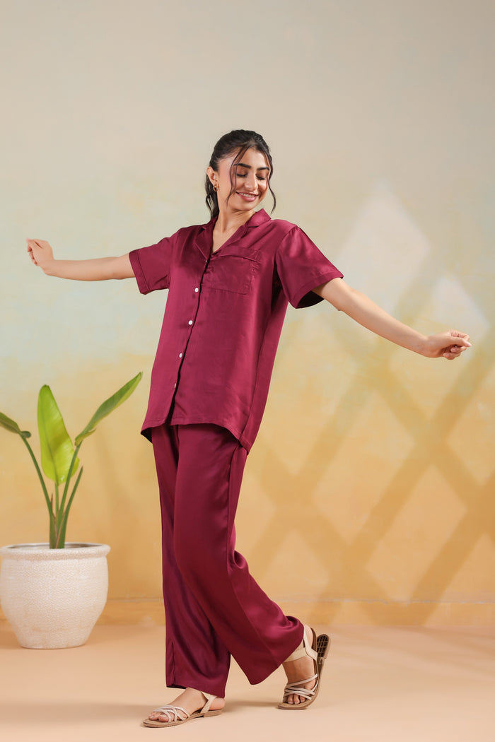 Wine Solid Shirt Comfort Cotton Nightwear Night Suit Set