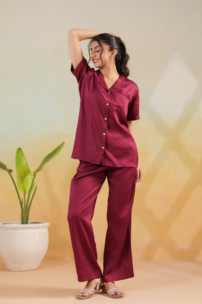 Wine Solid Shirt Comfort Cotton Nightwear Night Suit Set