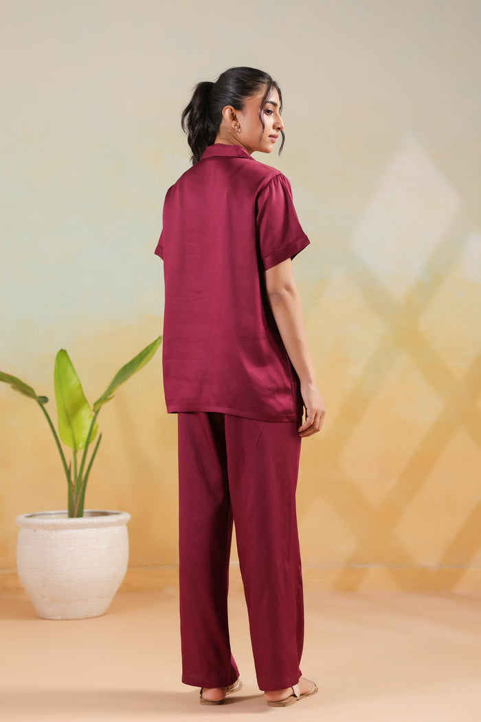 Wine Solid Shirt Comfort Cotton Nightwear Night Suit Set