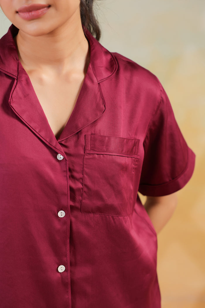 Wine Solid Shirt Comfort Cotton Nightwear Night Suit Set