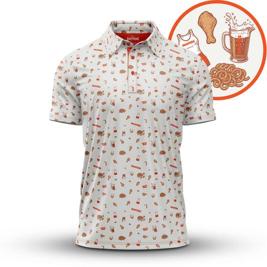 The Wingin' It - White - Polo features an athletic fit and all-over cartoon prints of chicken drumsticks, beer mugs, pretzels, and Hooters tank tops, highlighting a playful food and drinks theme in a fun design.