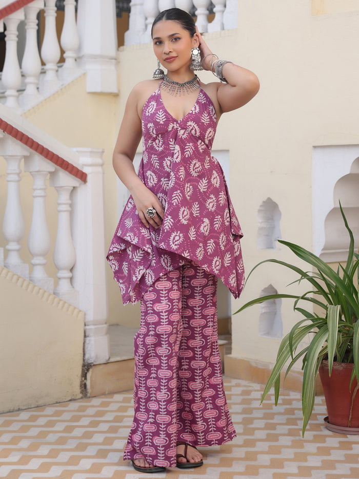 Women's Halter Neck Kurti With Flared Pant