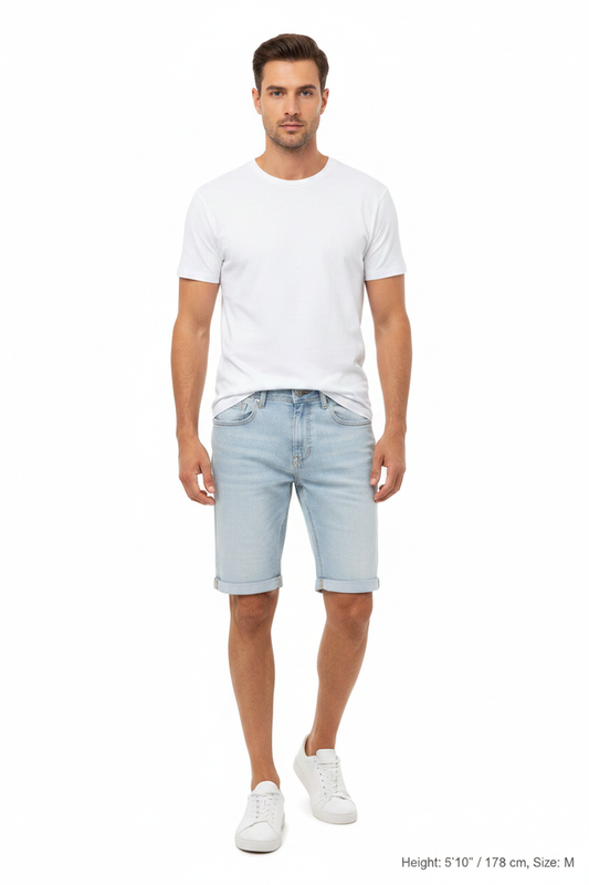 Front view - Yevan Light Blue Denim Shorts on model