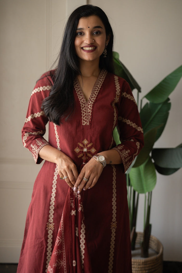 Yogya Elegant Slub Suit- Maroon