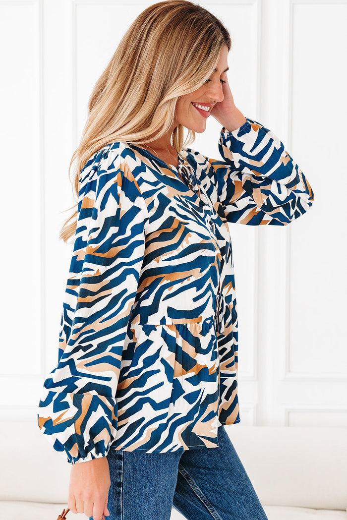 Zebra Print Tied Front Puff Sleeve Top - Tops/Blouses & Shirts