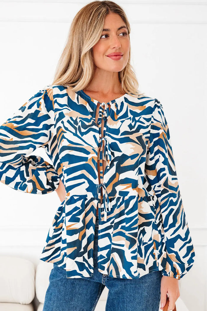 Zebra Print Tied Front Puff Sleeve Top - Tops/Blouses & Shirts