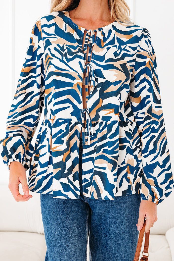 Zebra Print Tied Front Puff Sleeve Top - Tops/Blouses & Shirts