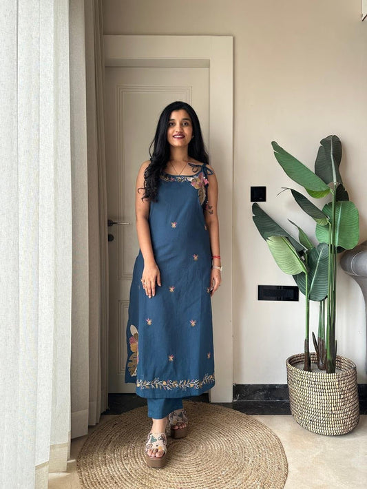 Zuhra Embroidered Pant Set- Teal Blue