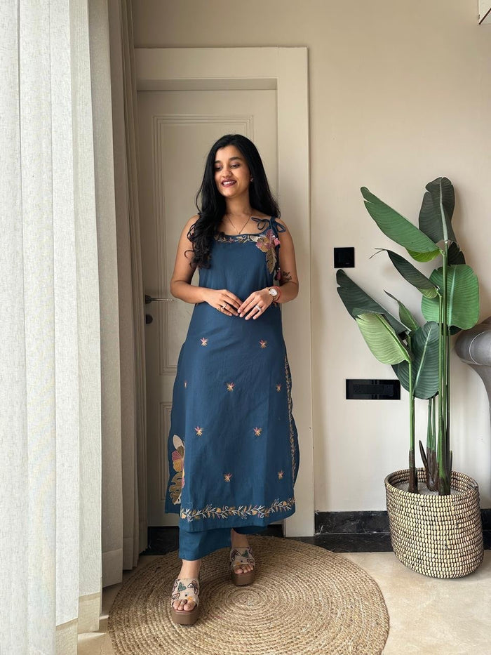 Zuhra Embroidered Pant Set- Teal Blue