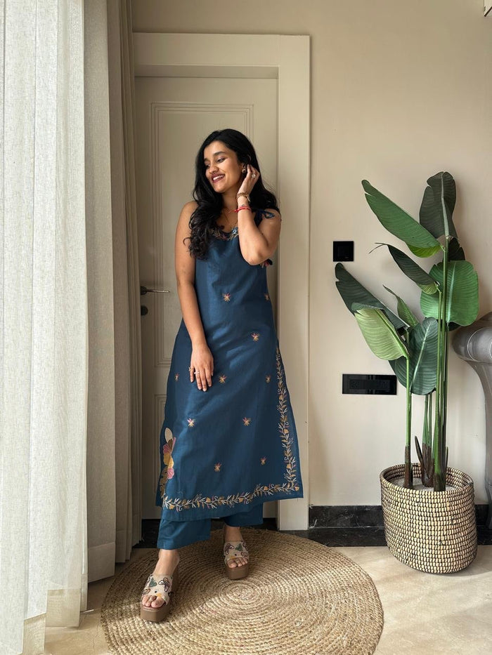 Zuhra Embroidered Pant Set- Teal Blue